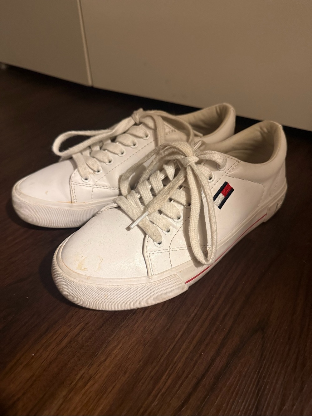 Tommy Hilfiger White Leather Sneakers with Red & Navy Accents